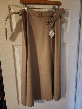 Zara Taupe Midi A-Line Skirt with Belt